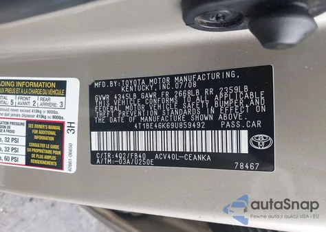 2009 Toyota Camry Le из США, поврежденный, VIN 4T1BE46K69U859542